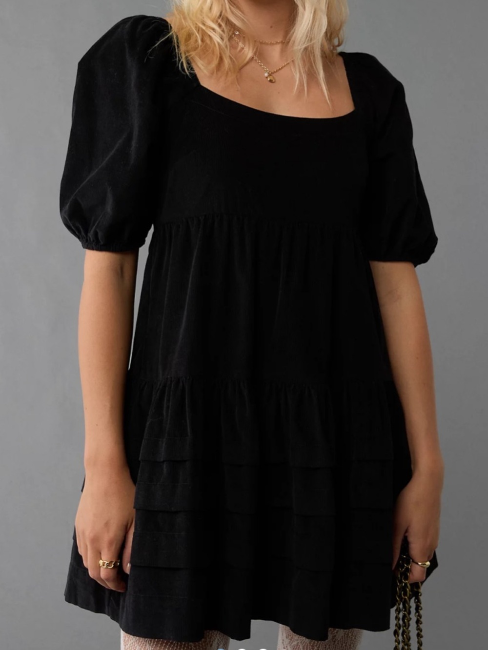 American Eagle Babydoll Dress Womens L Black Smocked Puff Sleeve Corduroy Mini